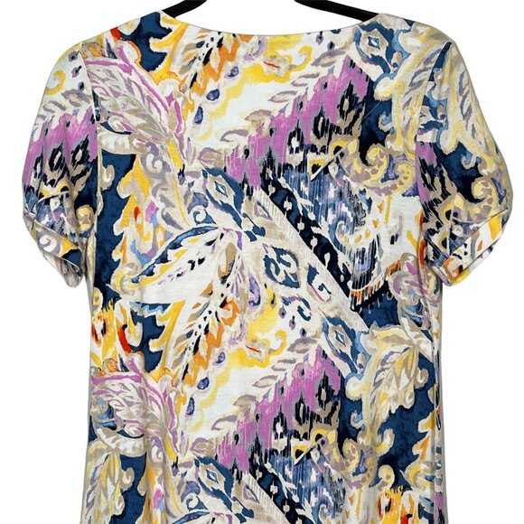 Chicos Abstract Paisley Dress Small Blue Yellow Short Sleeve Stretch - Picture 10 of 11